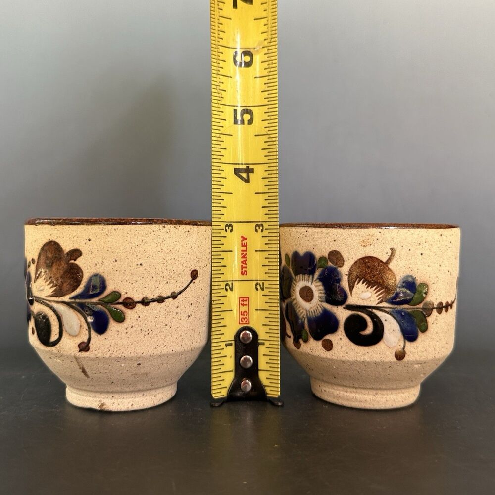 Vintage Mexican Pottery Mugs Set of 4 Tonala Style Hand Painted Stoneware Cups - Picture 4 of 16